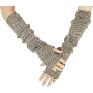 Women's Khaki Soft Cozy Arm Warmers Fingerless Knitted Long Gloves Winter